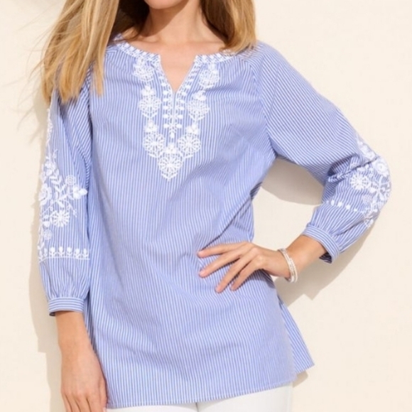 Talbots Tops - Talbots Embroidered Pencil Stripe Blue and White Embroidered Women's Top Sz M